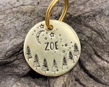 Load image into Gallery viewer, Tree dog tag, hand-stamped with moon and stars