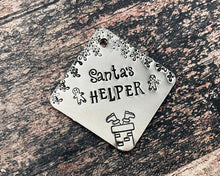 Load image into Gallery viewer, Cute Christmas dog tag, hand stamped square Santa's Helper pet id tag with 2 phone numbers