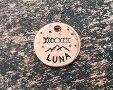 Load image into Gallery viewer, Personalized cat name  tag, hand stamped cat tag with mountains and moon phase design, 1 phone number