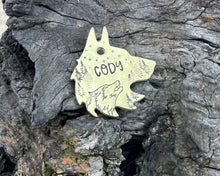 Load image into Gallery viewer, Wolf head dog tag, handstamped with wolf & trees