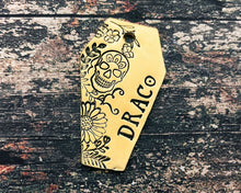 Load image into Gallery viewer, Coffin dog id tag with sugar skull and flower design, double-sided pet id tag with 2 phone numbers