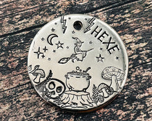 Load image into Gallery viewer, Metal dog id tag with witch on a broom and mushrooms, double-sided pet tag with up to 2 phone numbers