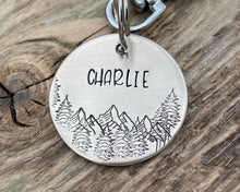 Load image into Gallery viewer, Dog name tag, hand stamped with mountains and trees