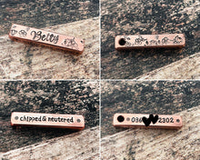 Load image into Gallery viewer, Girl dog tag with flowers, 4-sided bar dog tag, hand stamped microchipped pet id tag
