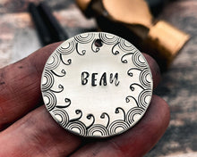 Load image into Gallery viewer, Large dog tag, hand stamped with border design