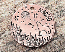 Load image into Gallery viewer, Wolf dog id tag with moon and stars, adventure pet id tag, double-sided pet tag with up to 2 phone numbers