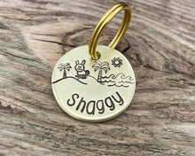 Load image into Gallery viewer, Small dog id tag, hand stamped with bunny and palm trees