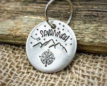 Load image into Gallery viewer, Dog id tag, hand stamped with compass, mountains & star design