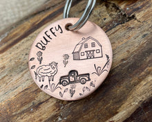 Load image into Gallery viewer, Dog id tag, hand stamped with sheep, pickup truck and barn shed
