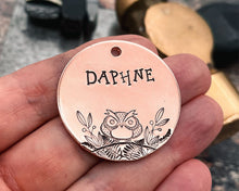 Load image into Gallery viewer, Large dog id tag, hand stamped with grumpy owl