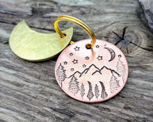 Load image into Gallery viewer, Moon dog tag, hand stamped with adventure design, moon, stars & trees