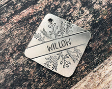 Load image into Gallery viewer, Metal dog tag, hand stamped square boy dog tag with foliage design