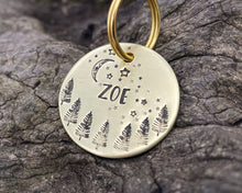 Load image into Gallery viewer, Tree dog tag, hand-stamped with moon and stars