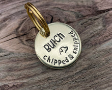 Load image into Gallery viewer, Microchipped dog tag, hand stamped with 'chipped & snipped'