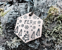 Load image into Gallery viewer, Hexagon dog tag, hand stamped with Christmas design & snowflakes