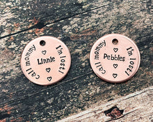 Load image into Gallery viewer, Cute dog id tag with 'I'm lost', handstamped pet id tag with up to 2 phone numbers or microchipped