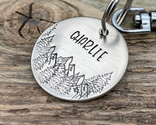 Load image into Gallery viewer, Dog name tag, hand stamped with mountains and trees