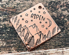 Load image into Gallery viewer, Square dog id tag, hand stamped with mountains, trees, moon & stars