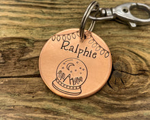 Load image into Gallery viewer, Christmas dog tag, hand stamped with snow globe