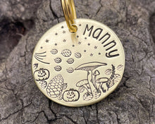 Load image into Gallery viewer, Hand stamped dog id tag with mushrooms and spooky pumpkins