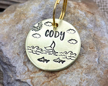 Load image into Gallery viewer, Dog id tag, hand stamped with ocean design, whale & sharks