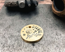 Load image into Gallery viewer, durable brass dog tag with mountains, moon and stars