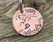 Load image into Gallery viewer, Mountain dog tag, hand-stamped with river, tent and stars