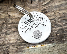 Load image into Gallery viewer, Dog id tag, hand stamped with compass, mountains & star design