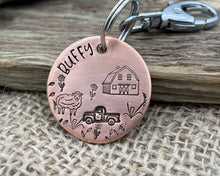 Load image into Gallery viewer, Dog id tag, hand stamped with sheep, pickup truck and barn shed