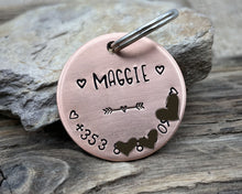 Load image into Gallery viewer, Dog id tag, hand stamped with phone number & hearts