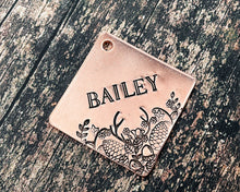 Load image into Gallery viewer, hand-stamped pet id tag with antlers, pine cones and acorns