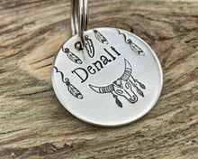 Load image into Gallery viewer, Boho dog tag, hand stamped with longhorn and feathers