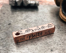 Load image into Gallery viewer, Girl dog tag with flowers, 4-sided bar dog tag, hand stamped microchipped pet id tag