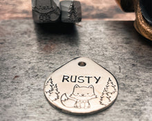 Load image into Gallery viewer, Cute foxdog tag, tear drop pet id tag with trees and fox design, double-sided dog tag with 2 phone numbers
