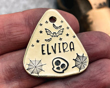 Load image into Gallery viewer, Spooky guitar pick dog id tag, hand stamped with bats, skull and cobwebs