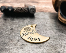 Load image into Gallery viewer, Moon dog tag, hand-stamped with mountains, moon & stars