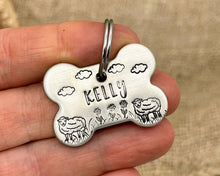 Load image into Gallery viewer, Bone dog id tag, handstamped with flowers and sheep