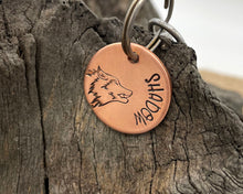 Load image into Gallery viewer, Small dog id tag, hand stamped with wolf head