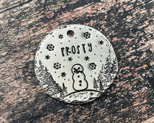 Load image into Gallery viewer, Christmas dog tag, hand stamped pet id tag with cute Snowman design, double-sided pet id tag with 2 phone numbers