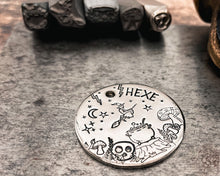 Load image into Gallery viewer, Metal dog id tag with witch on a broom and mushrooms, double-sided pet tag with up to 2 phone numbers