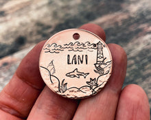 Load image into Gallery viewer, Dog tag, ocean design with shark & lighthouse