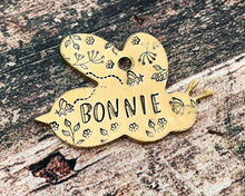 Load image into Gallery viewer, Bee dog id tag, bee shaped pet tag, hand stamped with flowers
