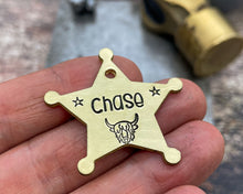 Load image into Gallery viewer, Sheriff star dog tag, hand-stamped double-sided metal dog tag with Highland cow