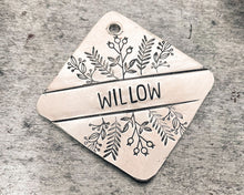 Load image into Gallery viewer, Metal dog tag, hand stamped square boy dog tag with foliage design
