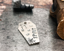 Load image into Gallery viewer, Coffin dog id tag with spooky spiderweb design, double-sided pet id tag with 2 phone numbers