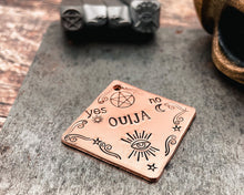 Load image into Gallery viewer, Ouija spooky dog tag, hand stamped square dog id tag with ouija design, 2 phone numbers or address on the back