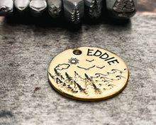 Load image into Gallery viewer, hand hammered dog tag lake and trees