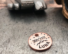 Load image into Gallery viewer, Personalized cat name  tag, hand stamped cat tag with mountains and moon phase design, 1 phone number