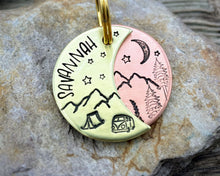 Load image into Gallery viewer, Moon dog tag, hand stamped with adventure design, moon, stars & trees