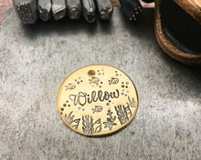 Load image into Gallery viewer, hand-stamped dog tag with fish and bubbles